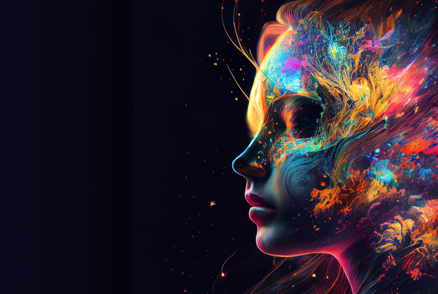 AI가 생성한 다채로운 추상 미술이 포함된 여성의 머리 이미지.